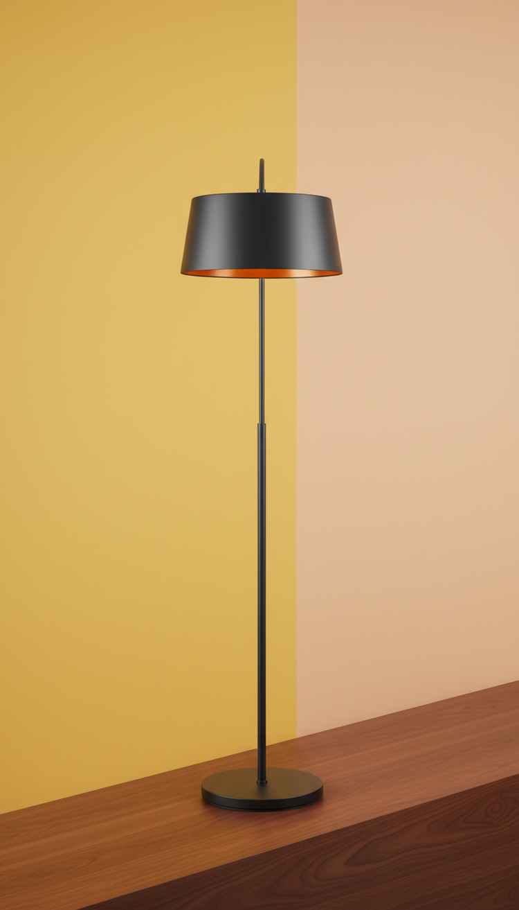 A retro floor lamp against a mustard yellow wall