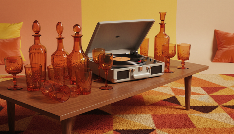 A record player surrounded by amber glassware on a 70s rug